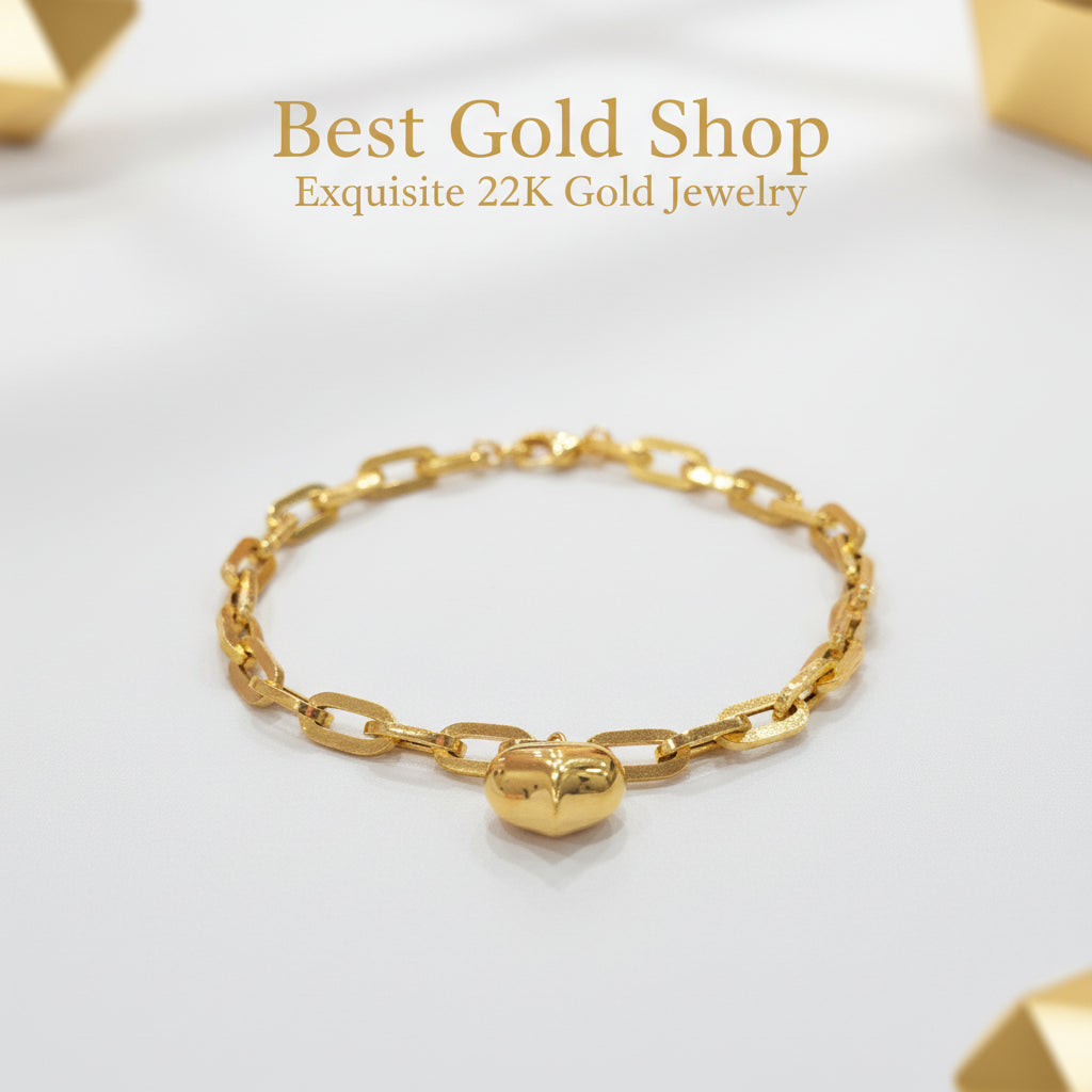 22k / 916 Gold Anchor Link Dangling Heart Bracelet, Light and Bold - 22k gold 22k gold bracelet 916 gold Bracelets