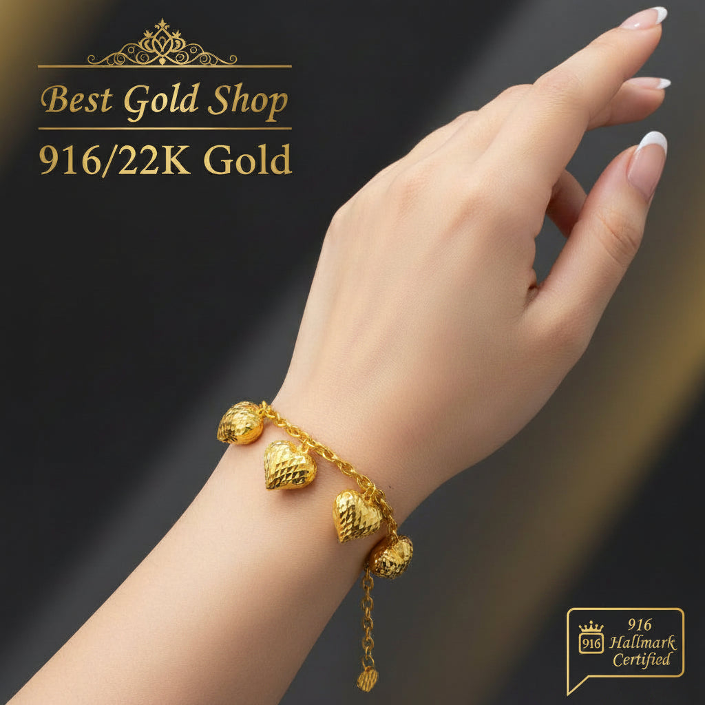 22k / 916 Gold Anchor Link With Dangling Big Hearts BraceletBraceletsBest Gold Shop