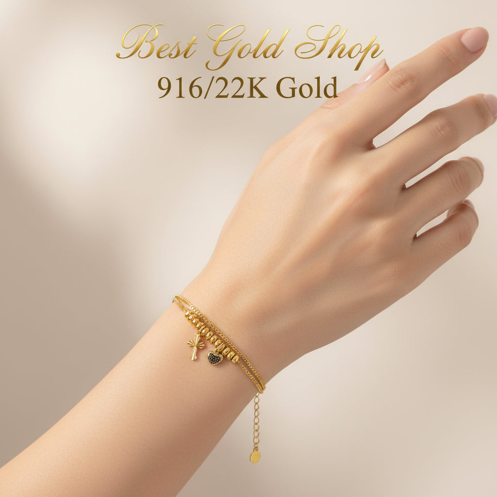 22k / 916 Gold Heart Dangling Bracelet demure and elegant - 22k gold 22k gold bracelet 916 gold Bracelets