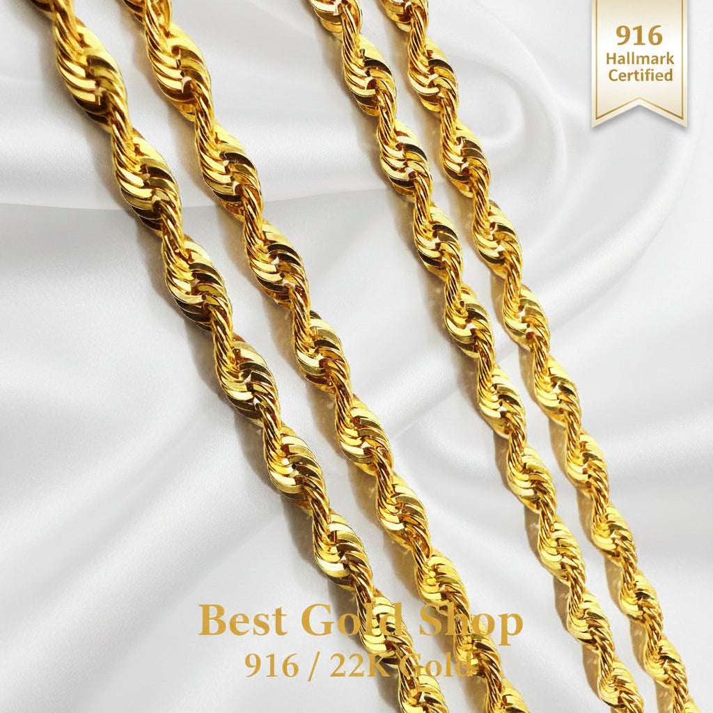 22K / 916 Gold Heavier Weight Hollow Rope Necklace by Best Gold Shop916 goldBest Gold Shop