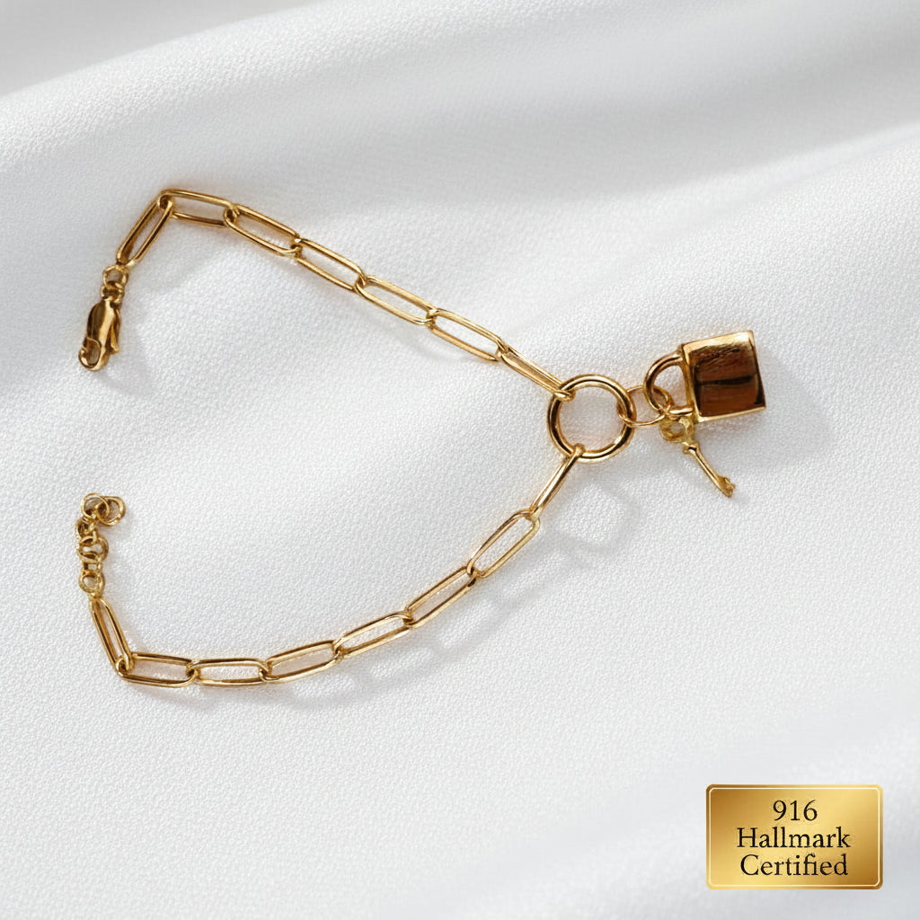 Detailed view of polished 22K Gold paperclip bracelet links.