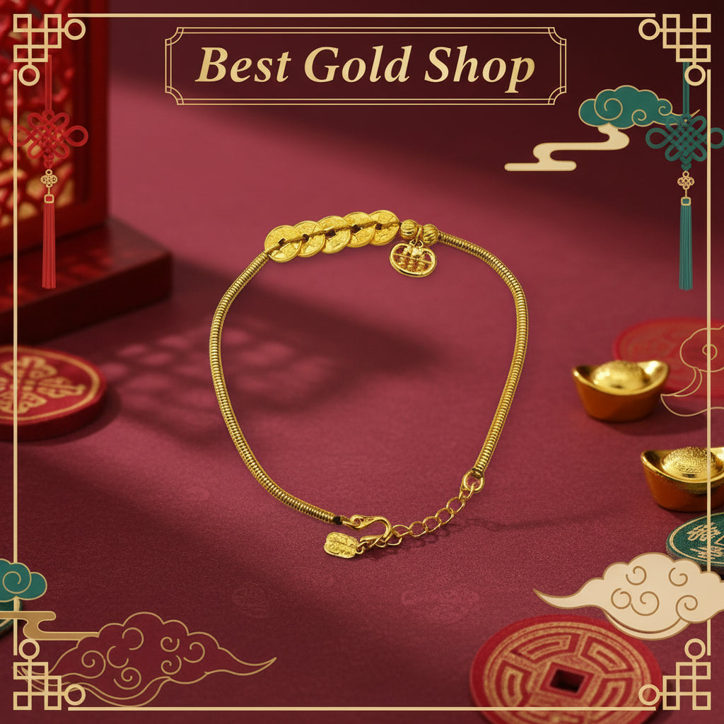 24k / 999 Gold Five Coins and abacus Bracelet by Best Gold Shop - 24k gold 24k gold bracelet 999 gold Bracelets