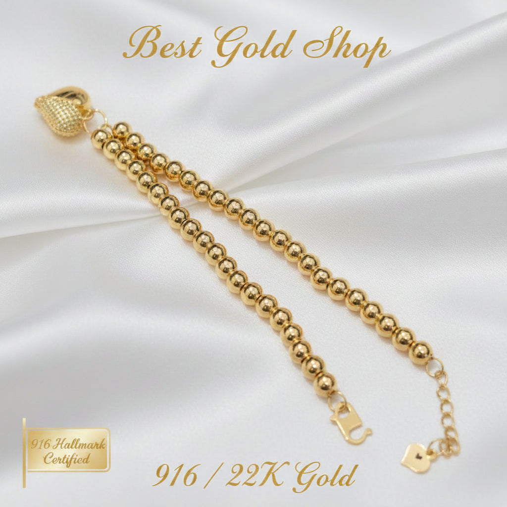 916 Gold Bead Bracelet With Dangling Diamond Cut Heart V2 Feather LightBraceletsBest Gold Shop