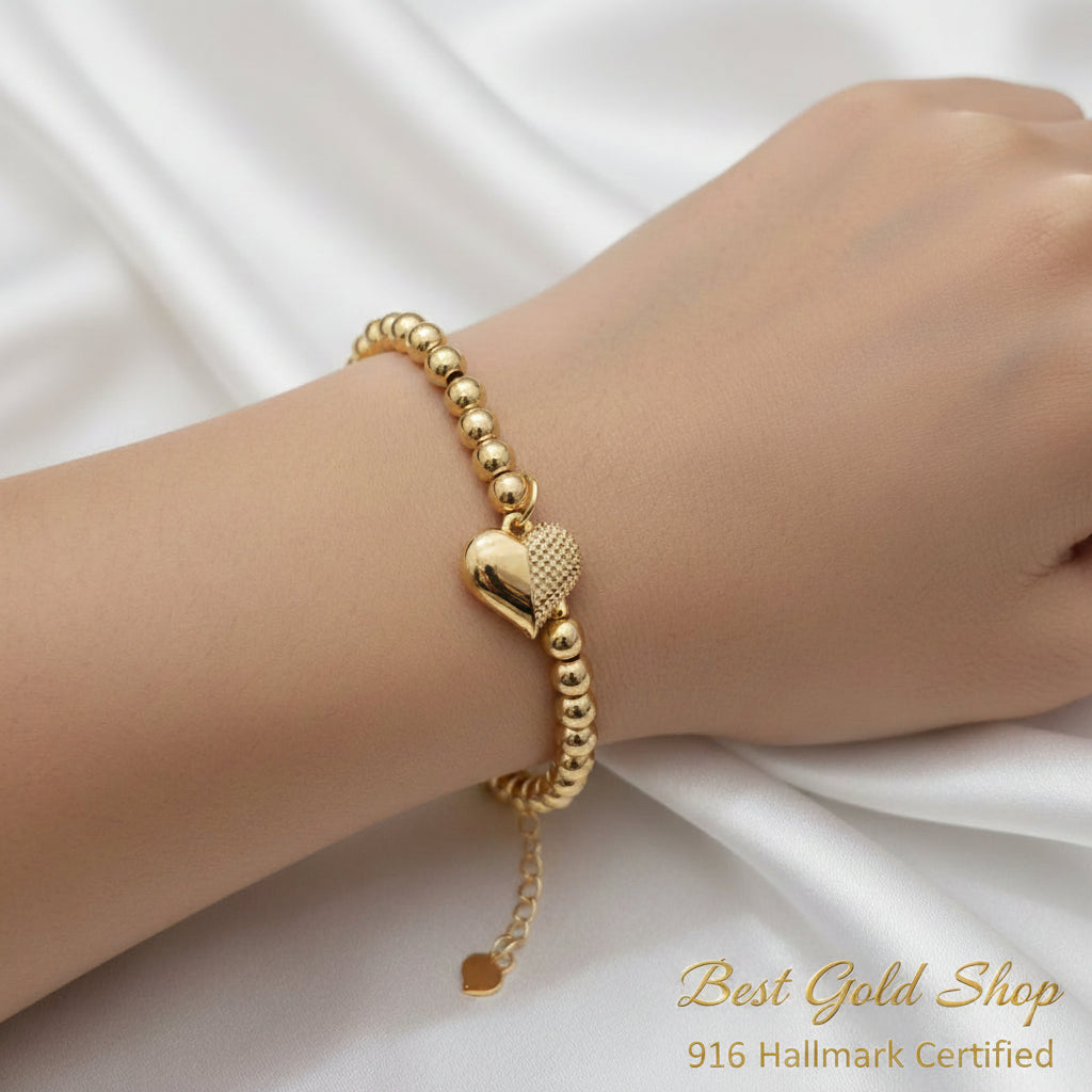 916 Gold Bead Bracelet With Dangling Diamond Cut Heart V2 Feather LightBraceletsBest Gold Shop