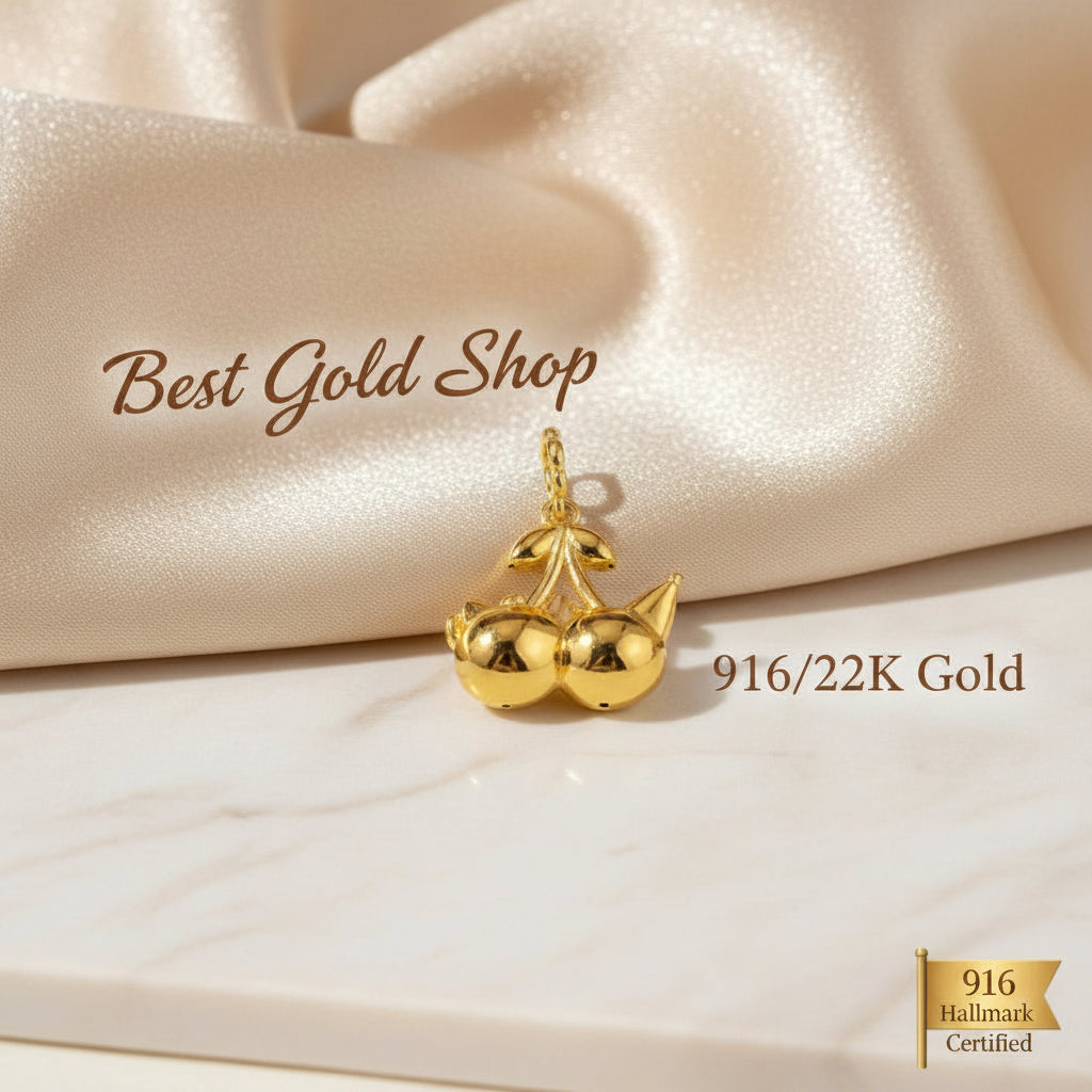 916 Gold (22K) Double Chick Cherry Charm feather light and big Charm/Pendant for WomenCharms & PendantsBest Gold Shop