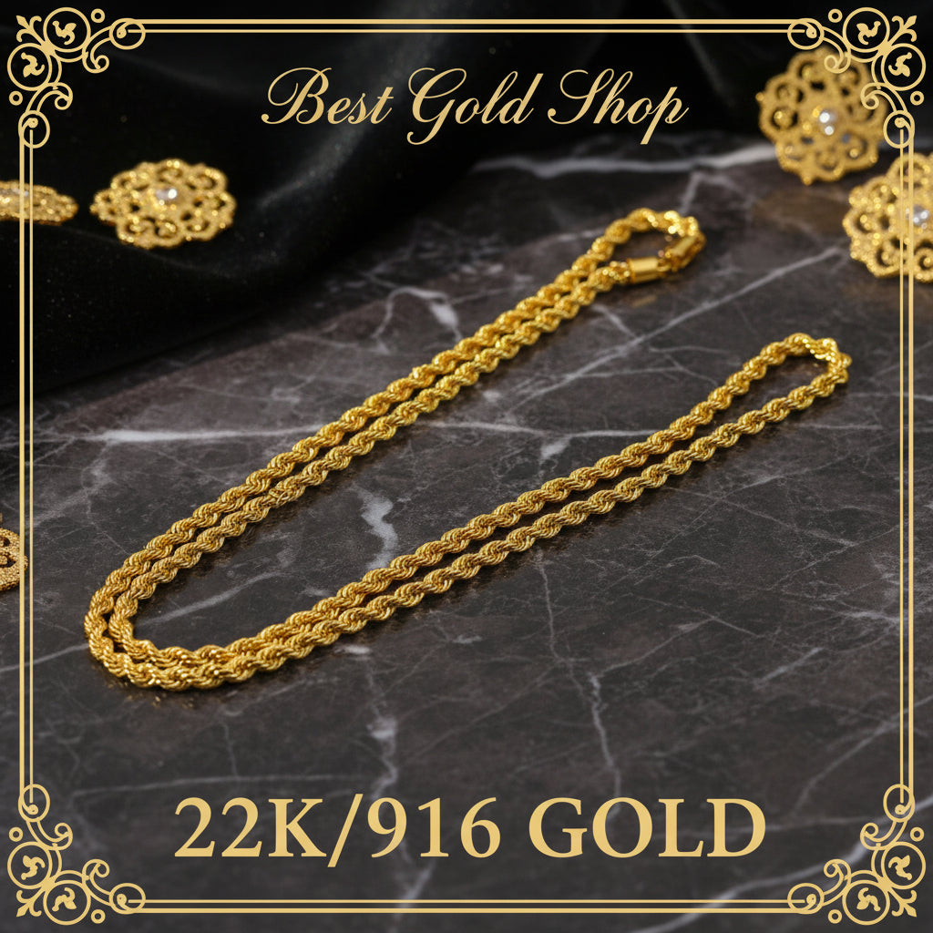916 Gold Hollow Rope Necklace | Polished 22K Gold Design