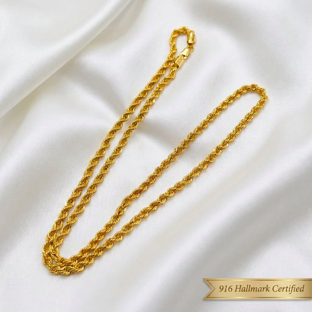 916 Gold Hollow Rope Necklace | Polished 22K Gold Design