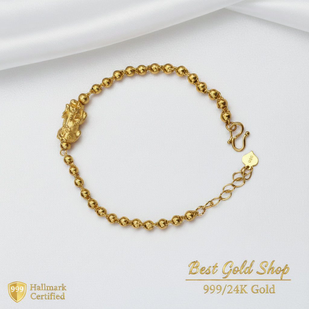999 Gold Beads Pixiu Bracelet | 24K Gold Lucky Wealth Design