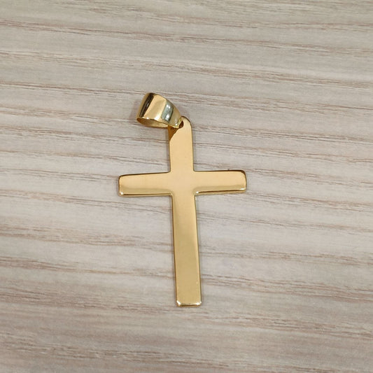 22K gold cross pendant shown upright with its smooth surface and bail