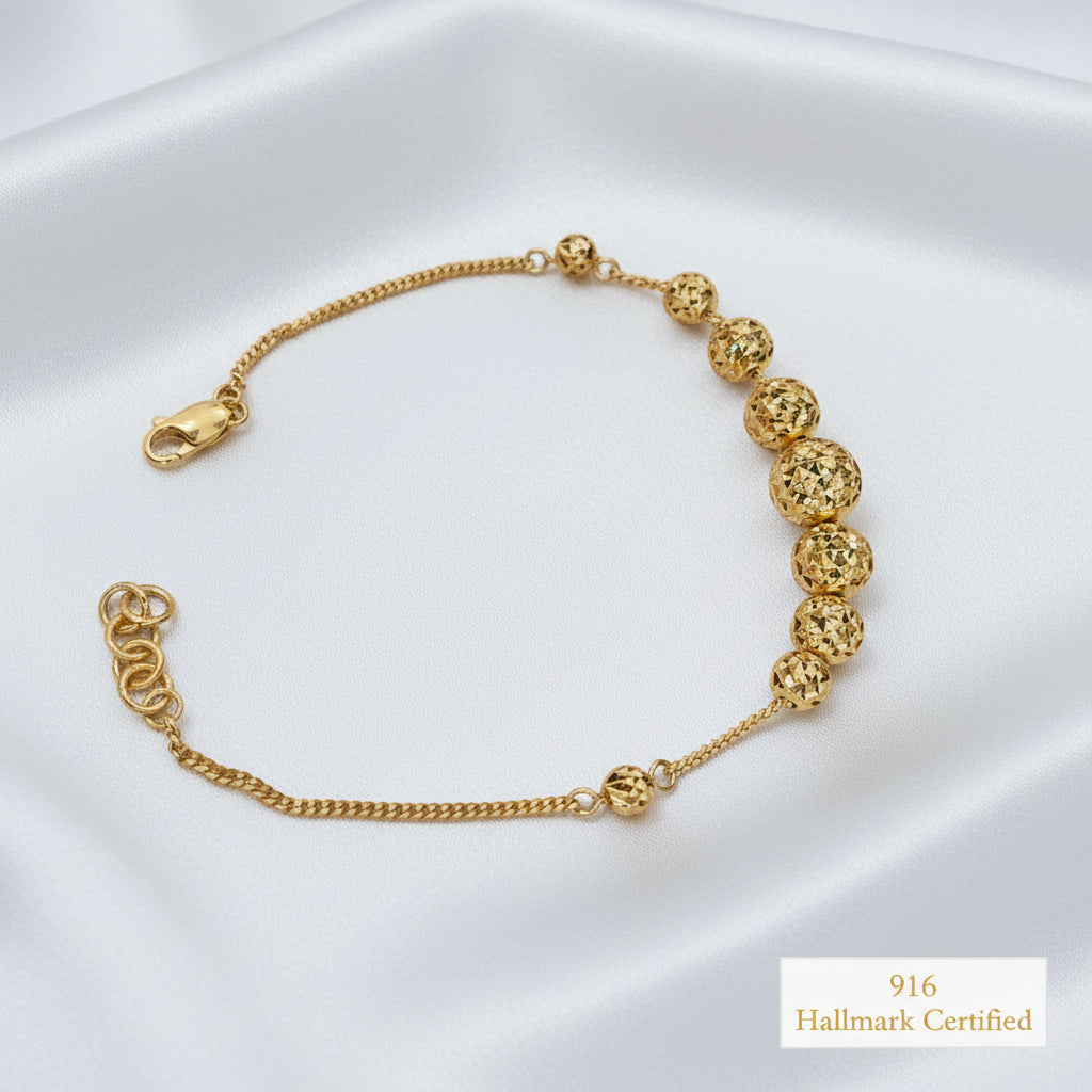 916 Gold Graduated Shiny Ball Bracelet | Elegant 22K Design