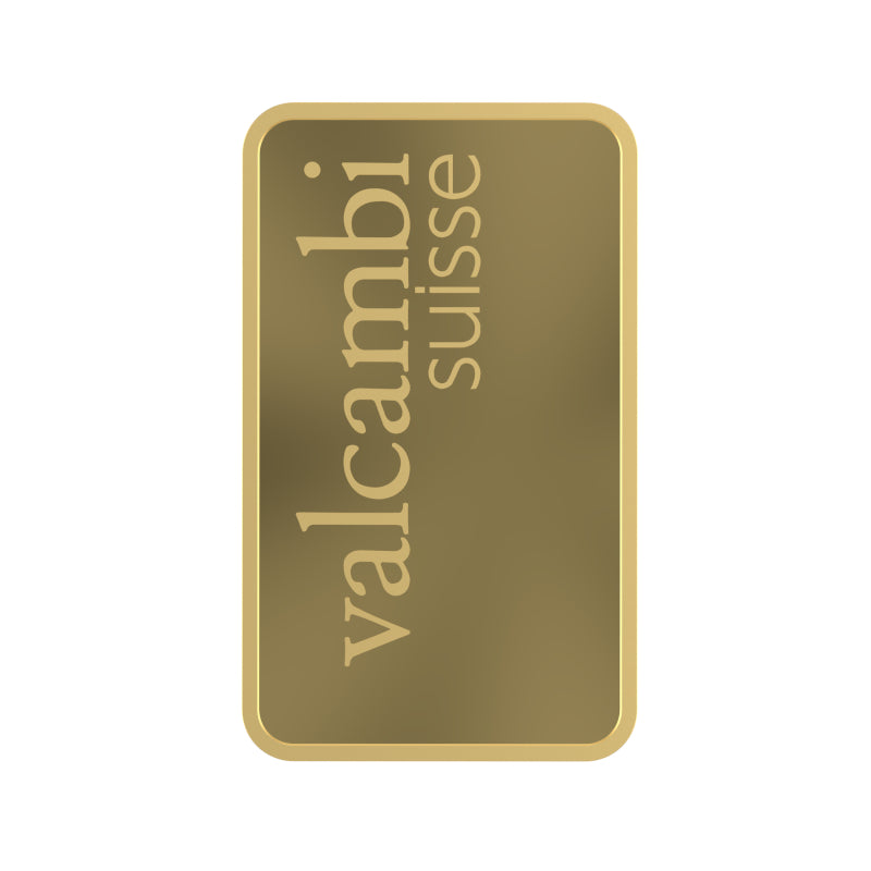 Manufacturer reference reverse view of a Valcambi 10g 999.9 gold bar outside packaging, showing the Valcambi Suisse inscription.