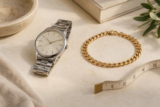 Plain gold bracelet beside an unbranded wristwatch and measuring tape on an ivory tabletop.