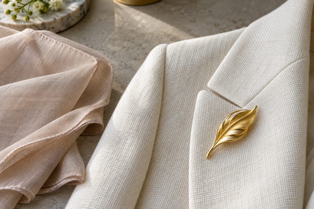 Gold leaf-shaped brooch on an ivory jacket lapel beside a folded beige scarf.