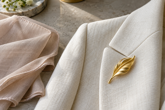 Gold leaf-shaped brooch on an ivory jacket lapel beside a folded beige scarf.