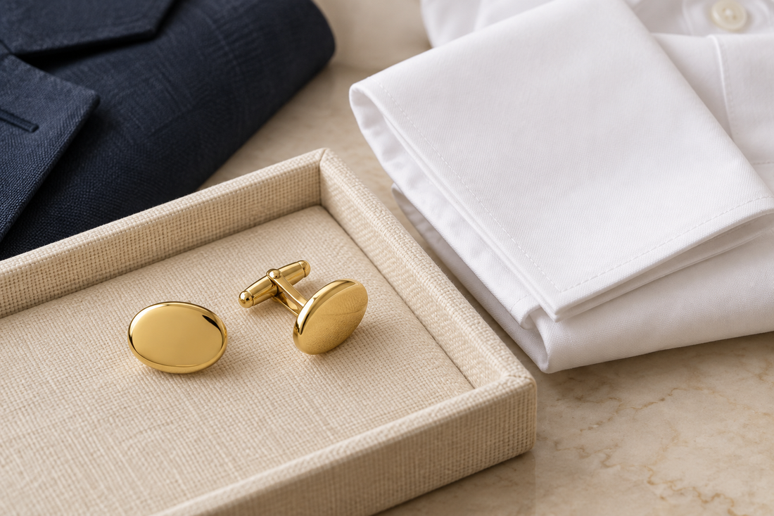 Two oval yellow-gold cufflinks on an ivory linen tray beside a folded white shirt and navy jacket fabric.