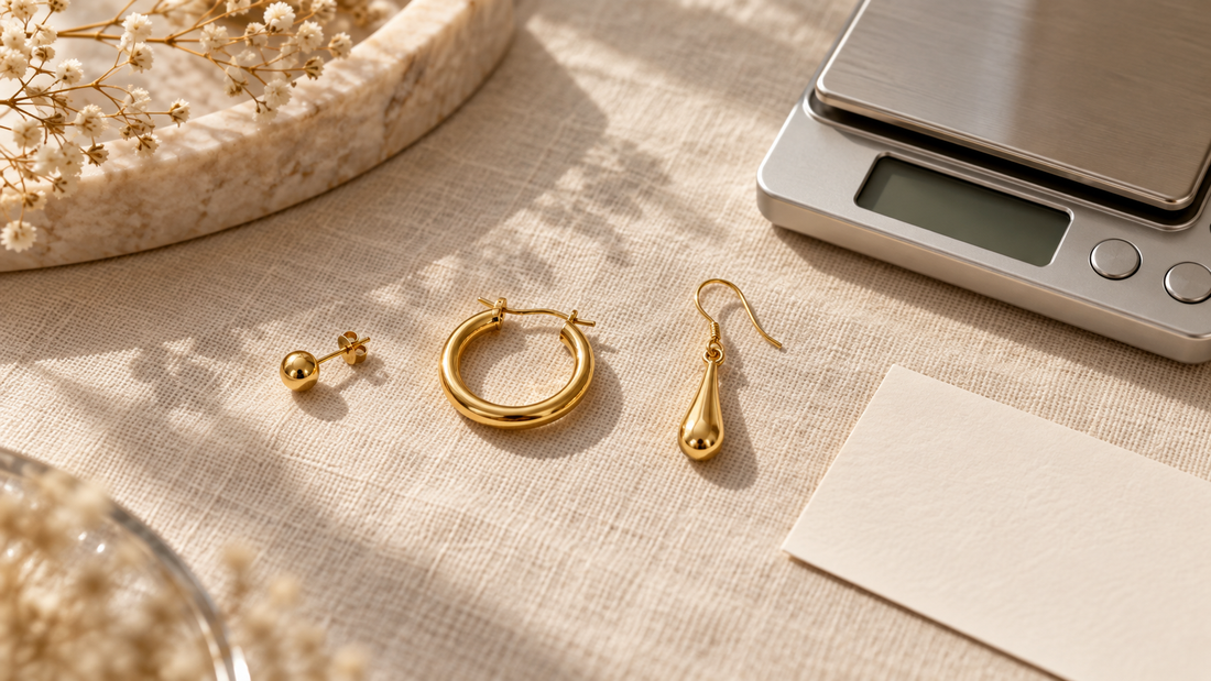 Gold stud, hoop and drop earrings on ivory linen beside a small jewellery scale.