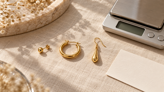 Gold stud, hoop and drop earrings on ivory linen beside a small jewellery scale.