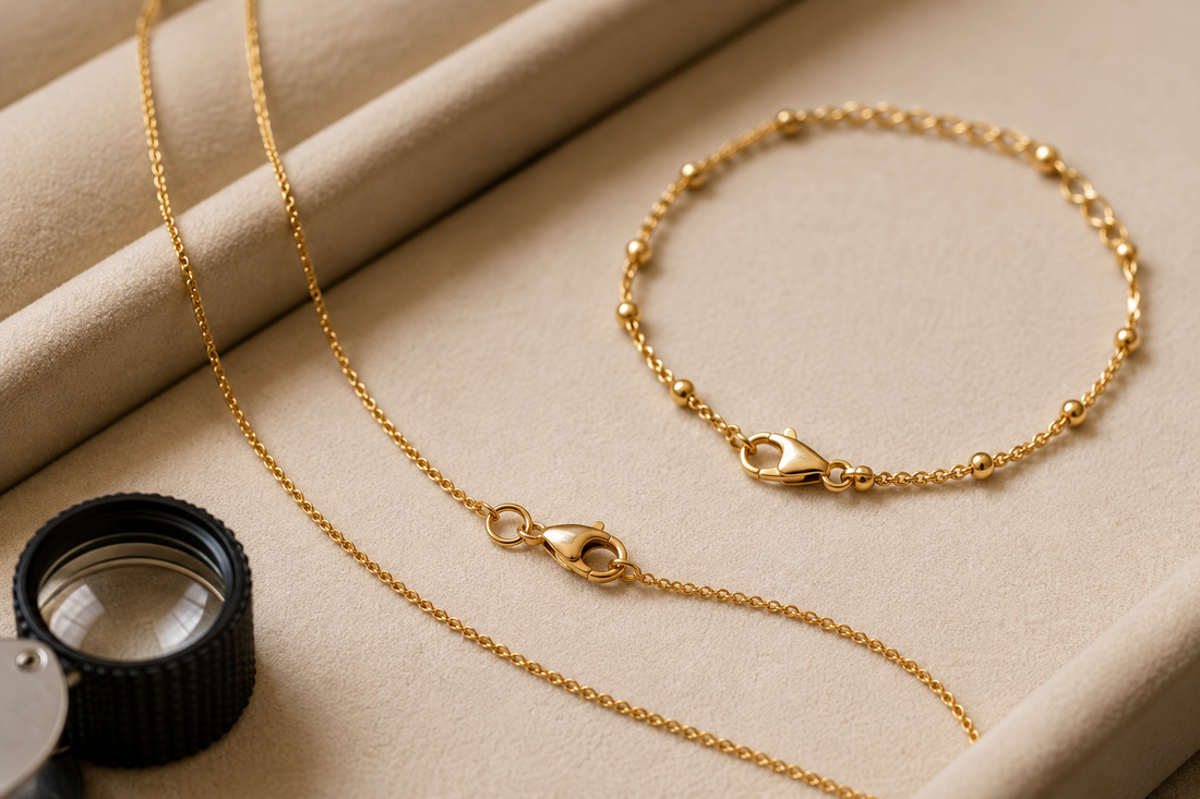 Fine yellow-gold necklace and beaded bracelet with clasps visible on an ivory tray beside a jeweller’s loupe.