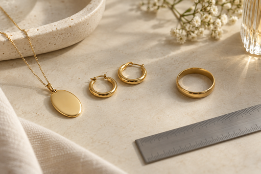 Oval gold pendant necklace, hoop earrings and a plain gold ring on an ivory surface beside a steel ruler.