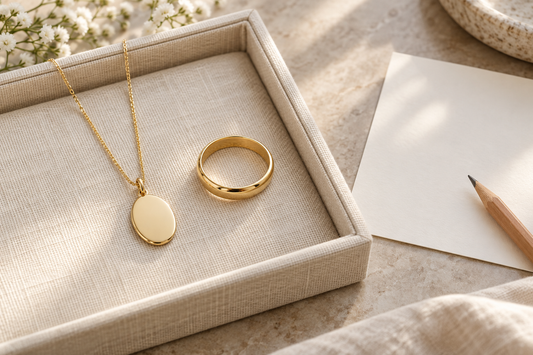 Plain oval gold pendant and gold band ring on an ivory tray beside a blank note card and pencil.