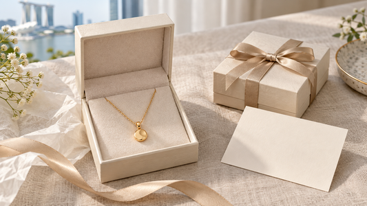 Gold pendant necklace in an open cream gift box beside a ribbon-wrapped box and blank note card on ivory linen.
