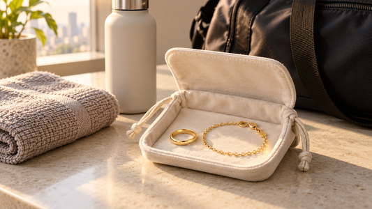 Plain gold ring and chain bracelet in an open ivory pouch beside a workout towel, water bottle and gym bag.