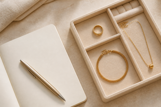 Yellow-gold ring, bracelet and necklace in an ivory jewellery tray beside a blank notebook and pen.