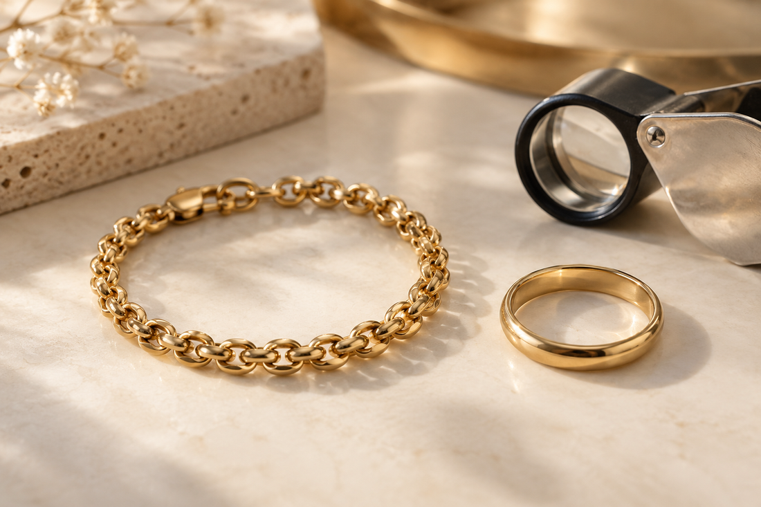 Yellow-gold chain bracelet and ring beside a jeweller's loupe on an ivory surface.