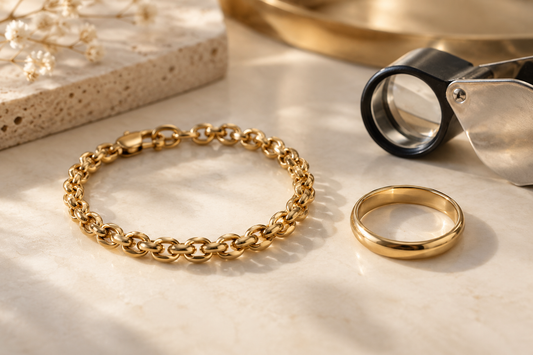 Yellow-gold chain bracelet and ring beside a jeweller's loupe on an ivory surface.