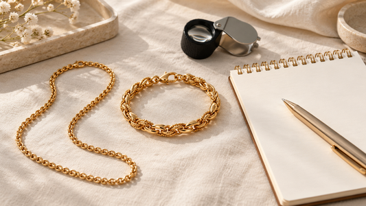 Gold chain and detailed gold bracelet on ivory linen beside a blank notepad, pen and jeweller’s loupe.
