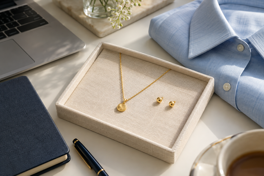 Gold pendant necklace and round stud earrings on an ivory tray beside a pale-blue shirt, laptop and navy notebook.