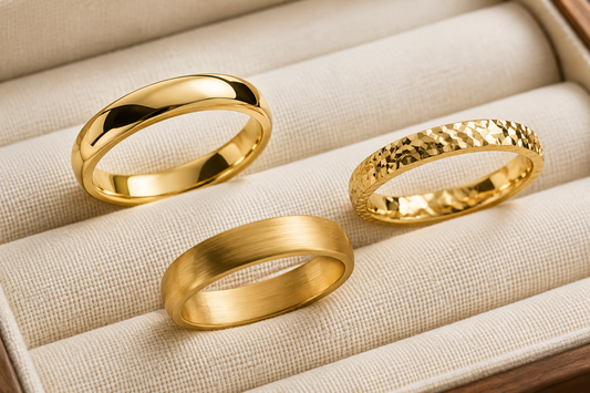 Three yellow-gold rings with polished, brushed matte and faceted finishes on an ivory jewellery tray