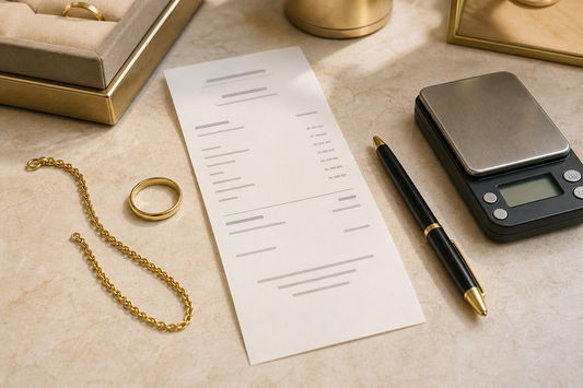 Gold chain and ring beside a jewellery receipt, pen and digital scale