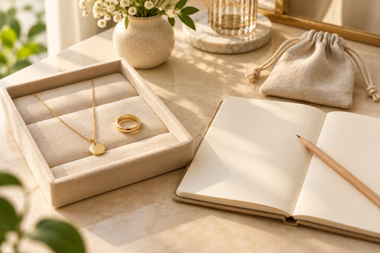 Gold pendant necklace and ring on an ivory tray beside a blank notebook, pencil and fabric pouch.