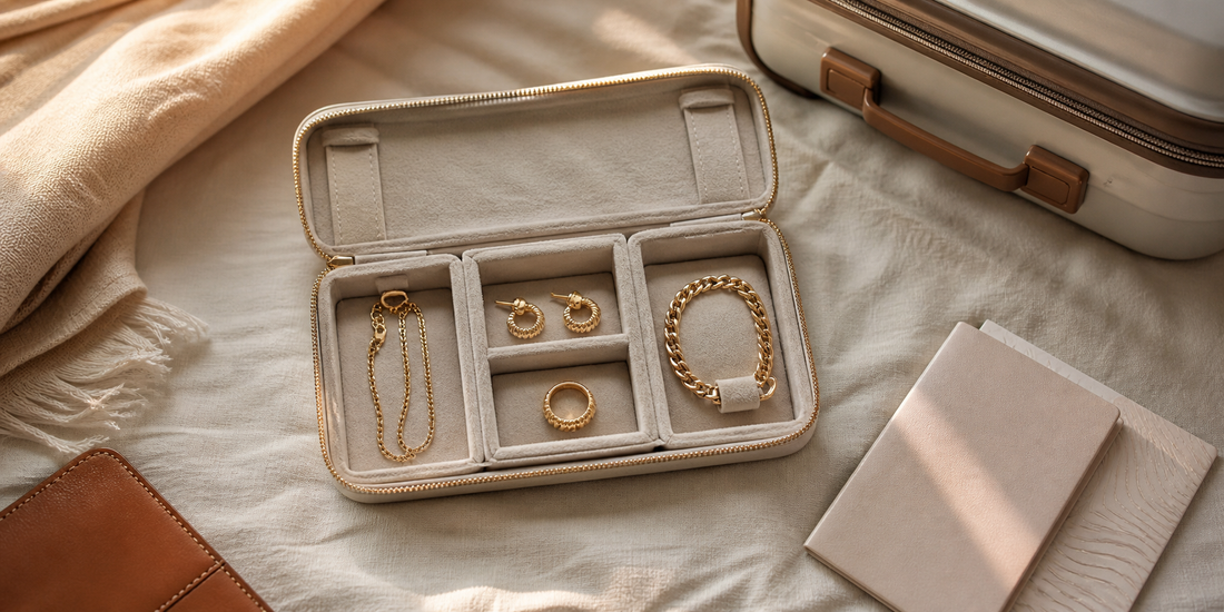 Gold jewellery packed separately in a travel organiser beside luggage