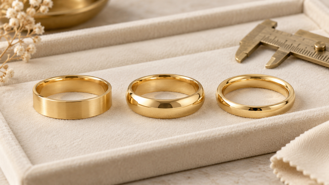 Three yellow-gold rings with flat and rounded band profiles on an ivory tray beside a measuring gauge.