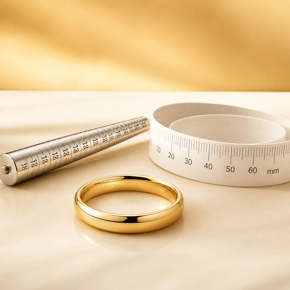 Gold ring beside a ring-sizing gauge and millimetre measuring strip for measuring ring size at home