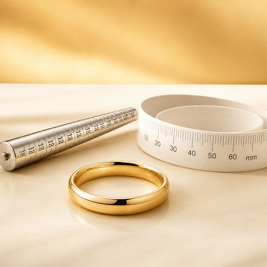 Gold ring beside a ring-sizing gauge and millimetre measuring strip for measuring ring size at home