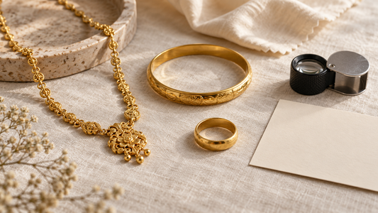 Gold necklace, bangle and ring on ivory linen beside a jeweller’s loupe and soft cloth.