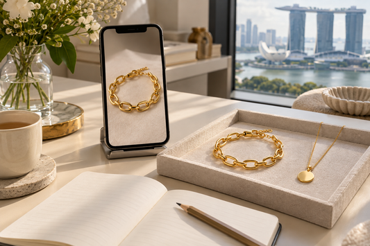 Smartphone showing a gold bracelet beside a bracelet and pendant necklace on an ivory tray, with an open notebook and pencil.