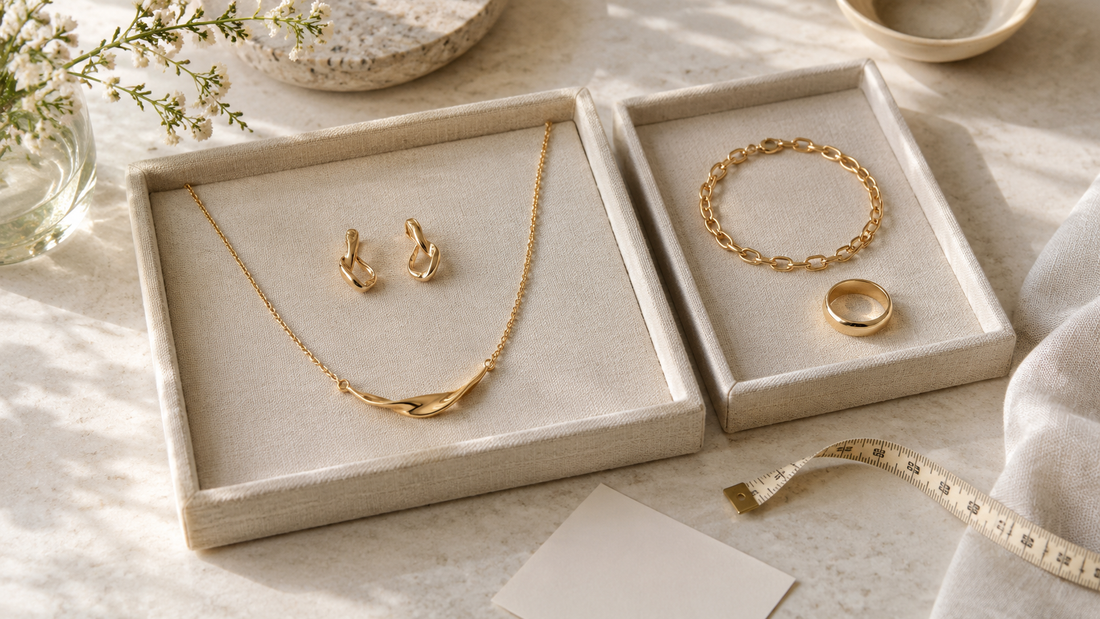 Coordinated gold necklace and earrings on one ivory tray beside a separate gold bracelet and ring on another tray.