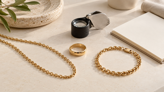 Gold chain, ring and bracelet arranged beside a jeweller's loupe and blank notepad for inspection.