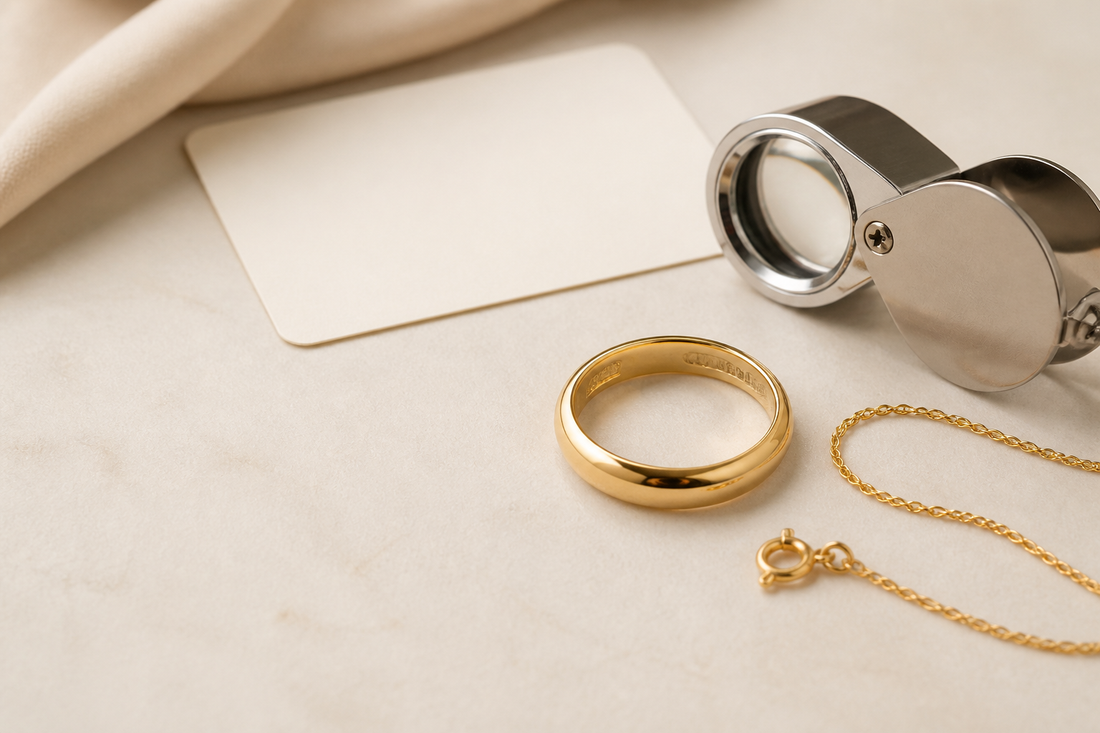 Gold ring and chain beside a jeweller’s loupe on a warm ivory worktable
