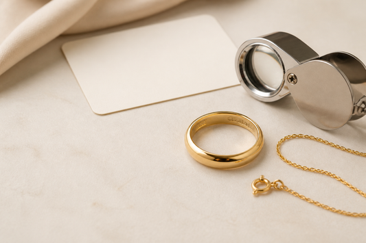 Gold ring and chain beside a jeweller’s loupe on a warm ivory worktable
