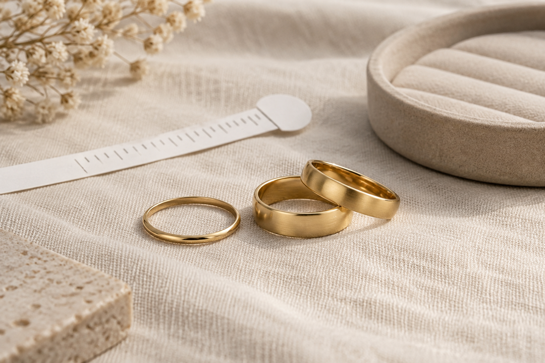 Three plain yellow-gold rings of different widths on ivory linen beside a paper ring-sizing strip and jewellery tray.