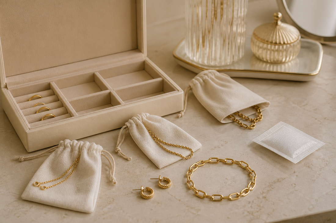 Gold jewellery stored separately in fabric pouches beside a divided jewellery box in a warm, dry indoor setting.