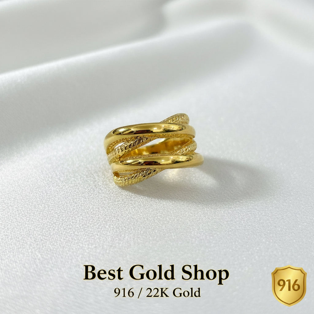 916 Gold Double Cross Wide Ring | Lightweight 22K Crisscross Design