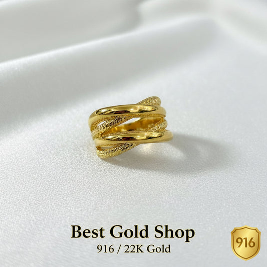916 Gold Double Cross Wide Ring | Lightweight 22K Crisscross Design