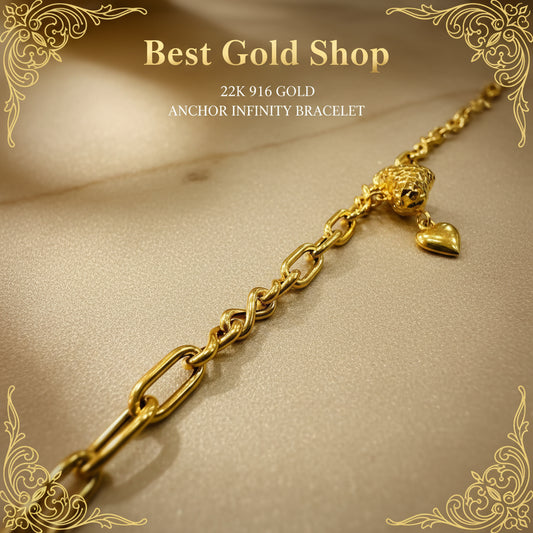22k / 916 Gold Anchor Infinity Bracelet with Dangling Heart - 22k gold 22k gold bracelet 916 gold Bracelets