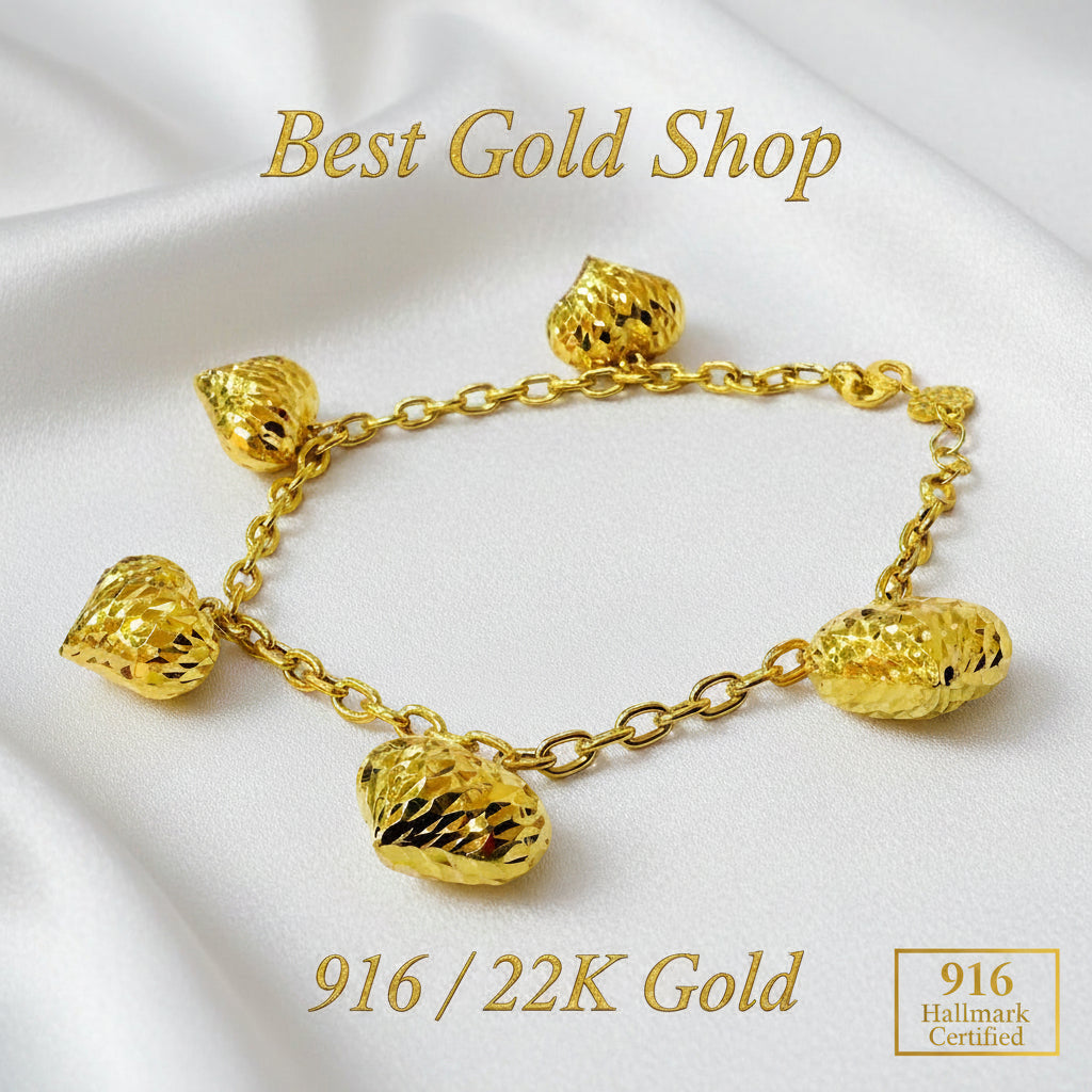 22k / 916 Gold Anchor Link With Dangling Big Hearts BraceletBraceletsBest Gold Shop